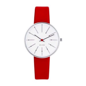 Arne Jacobsen armbåndsur - Bankers - Hvid skive og rød læder rem - Ø 34 mm - 53101-1601